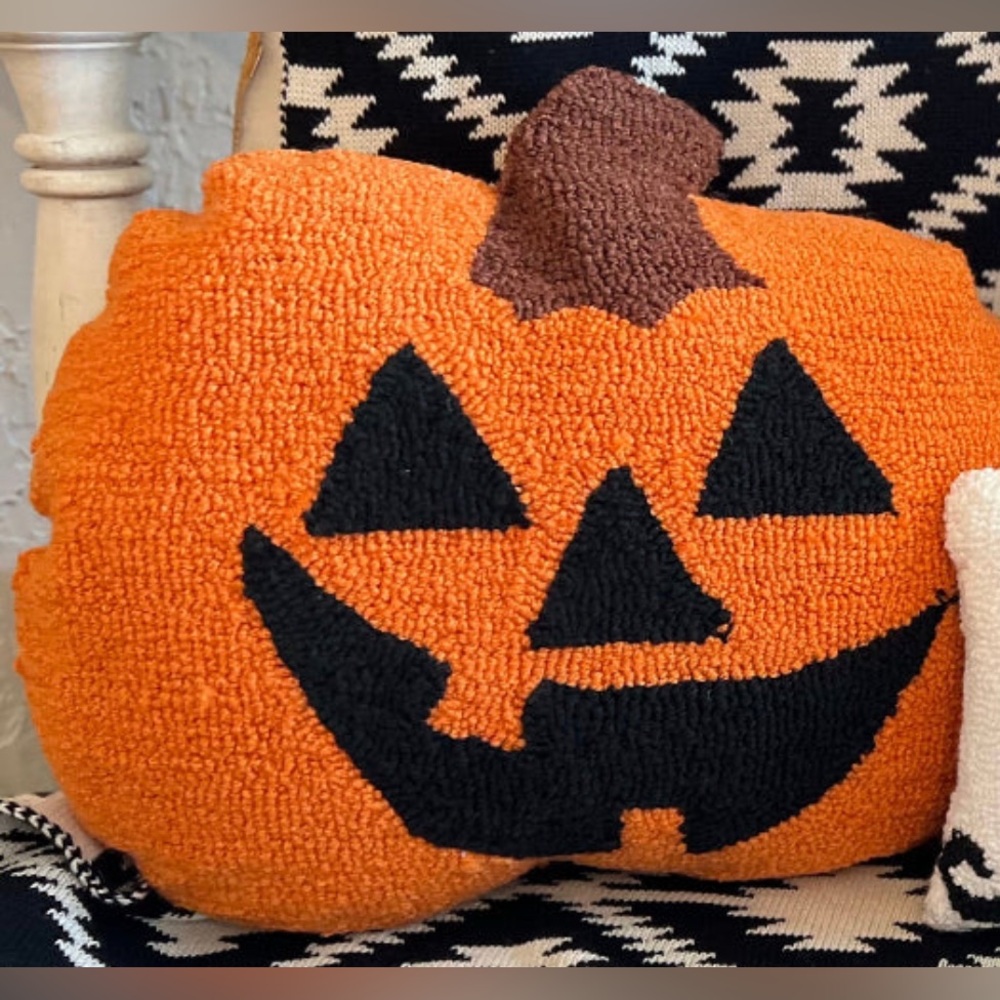 Orange Pumpkin Hooked Decorative Pillow